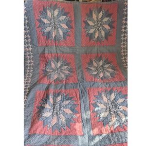 Handmade Lone Star Lap Quilt Blue Pink Floral Patchwork Throw 39x66 Farmhouse
